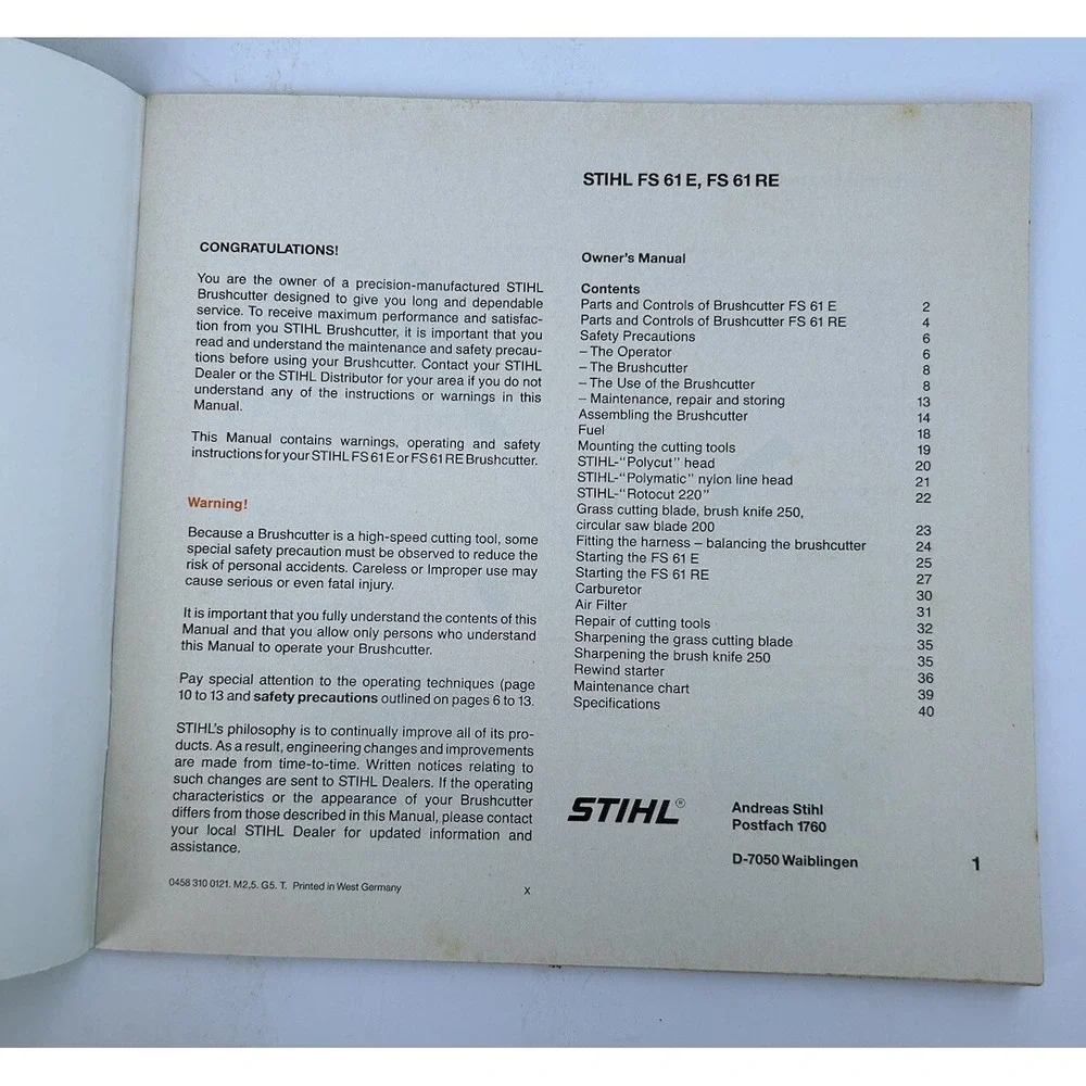 Stihl FS 61 Brushcutter WeedEater‎ WeedWhacker Instruction Owner Operator Manual